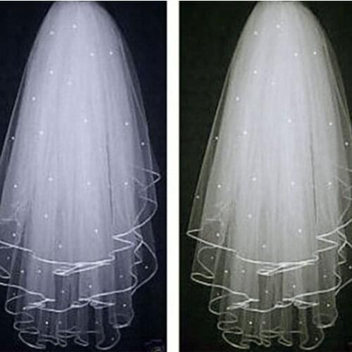 Cheap Velos de Noiva Three Layers Ribbon Edge Wedding Veil With Pearls White Ivory Short 3 Layers Bridal Veil 2022