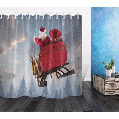Santa Claus & Reindeer & Elk & Sleigh Shower Curtain Christmas Landscape Bathroom Waterproof Polyester Fabric for Bathtub Decor