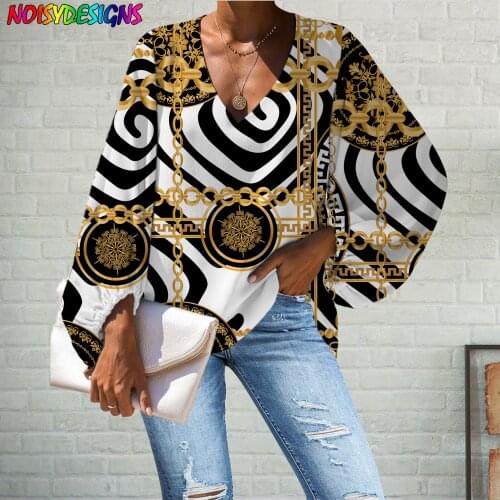 WHEREISART Harajuku Womens Tops Euporean Golden Chain Prints V Neck Ladys Shirts Spring Summer Blouse Large Size Chiffon Shirt