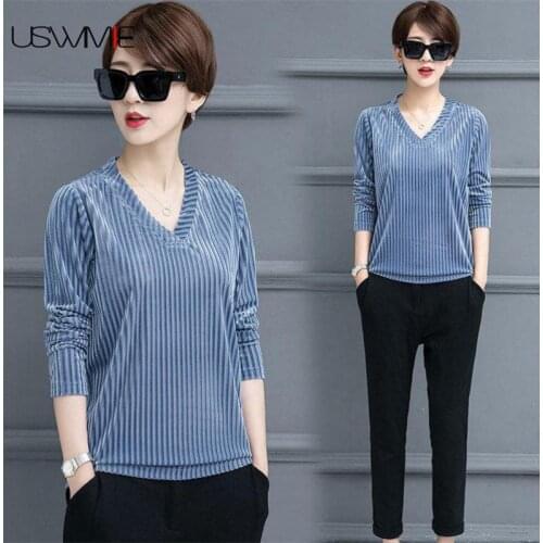 T Shirt Women Fashion Elegant Outwear Golden Velvet Long Sleeve Casual V-neck Solid Color Plus Size Comfort Basic Tshirt Women