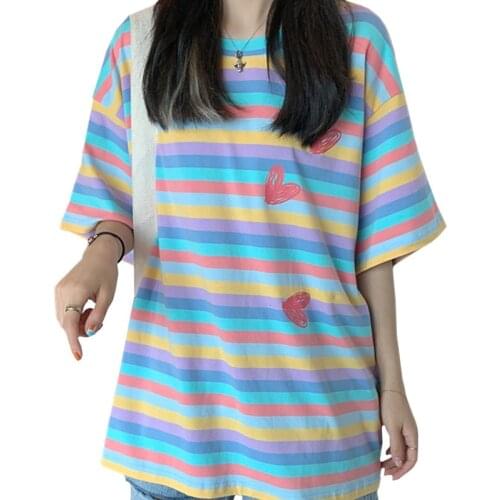 ZuoLunOuBa Rainbow Striped Short-sleeved T-shirt Women 2021 New Style Fashion Harajuku Graffiti Love Heart Tees Tops Female