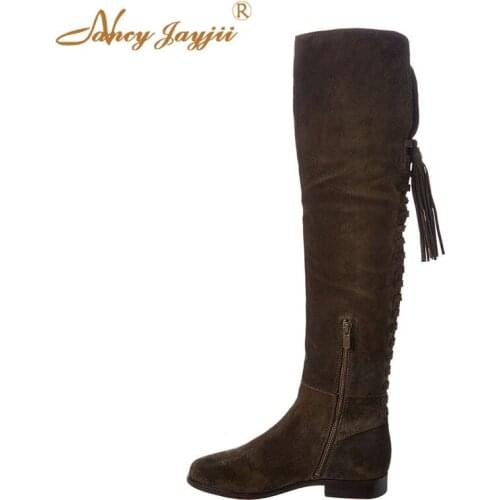 Flock Women Shoes Adult Boots Ladies knee-High Med Square Heels Solid Round Toe Zipper Leisure Mature Basic Nancyjayjii 2019