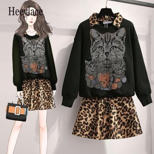 Plus Size Autumn Casual Two Pieces Set For Women Leopard Patchwork Collar Long Sleeve Cat Print Top And MIdi Leopard Skirt Suits