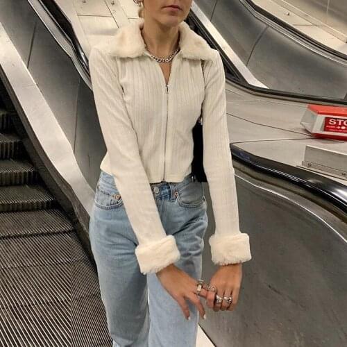 Womens Sweater Top Lapel Fur Collar Solid Thread Pit Striped Blouse Short Zipper Knit Jacket