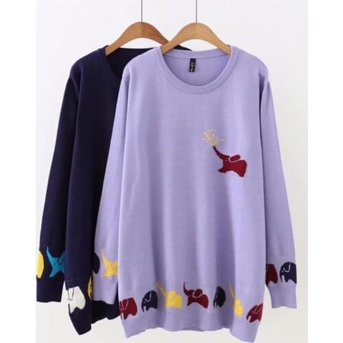 Plus size autumn O-Neck women Knitted pullovers 2018 dark blue & violet Coloured small elephant ladies sweater wool female 5XL