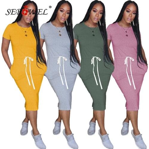 SEBOWEL Basic Solid Color Short-sleeved T-shirt Dress for Woman Summer Female Casual Loose Elastic Waist Midi Dresses 10 Colors
