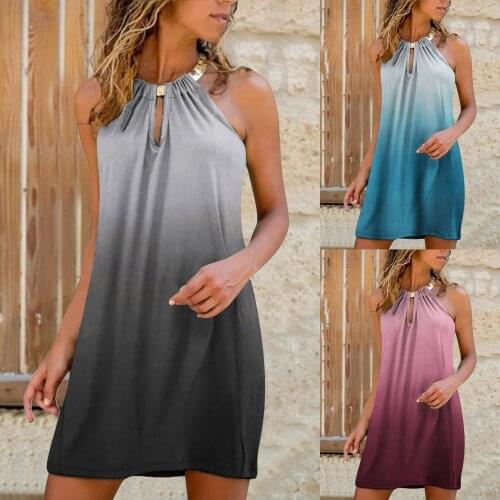 Womens Sexy Dress Halter O-Neck Gradient Printed robe femme Summer Dress Fashion Sleeveless Hollow Out Casual Woman Dress