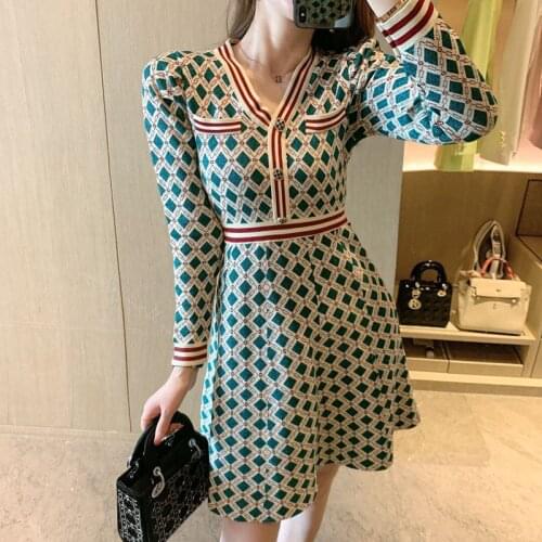 Autumn Winter Sweet Geometric Patterns Women Knitted Dress Runway Designer Long Sleeve Female Party Sweater Dresses Clothes