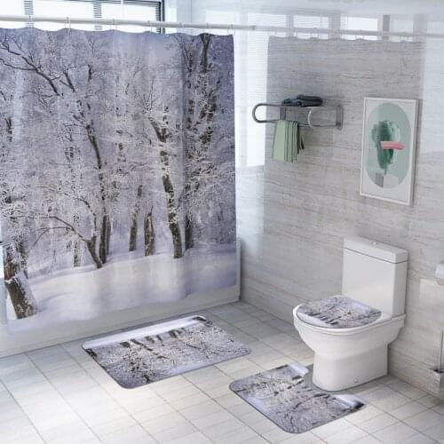 Winter Snow Forest Frosty Tree Bathroom Curtains Set Waterproof Fabric Polyester Shower Curtain Toilet Cover Mat Non Slip Rug