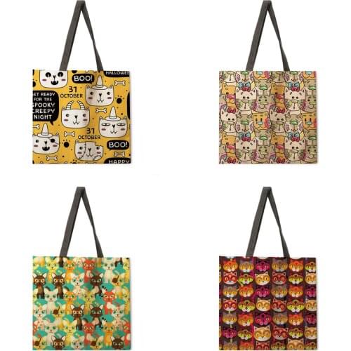 Color cat combination printed tote bag linen fabric casual tote bag foldable shopping bag reusable beach bag ladies shoulder bag