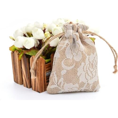 10x14cm Rustic Nature Jute Lace Burlap Gift Bag Wedding Decoration Home Mini Drawstring Storage Bag Xmas Decor 50pcs Wholesale
