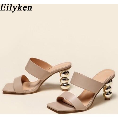 Eilyken New Square Toe Women Slippers Fashion Design Metal Strange High Heels Summer Elegant Slip-On Slides Shoes Ladies Sandals