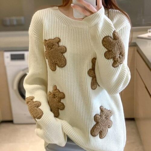 Harajuku Bear Cartoon Teens Sweaters Women New Korean Style Solid Color Chic Casual Comfortable Simple Students Pullovers 2020