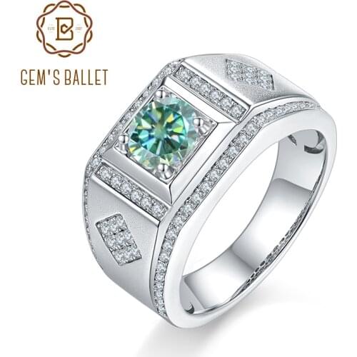 GEMS BALLET Green Moissanite Ring For Men Wedding 1.0ct Round Center & Channel Round Moissanite Mens 925 Sterling Silver Ring