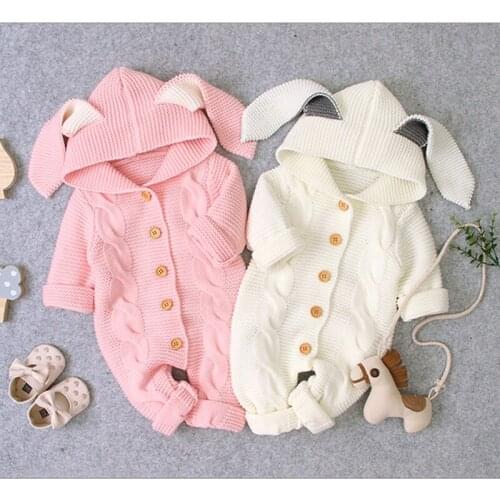 Autumn Infant Baby Boys Girls Rabbit Ears Hooded Rompers Clothes Children Baby Boy Girl Kids Knitting Long Sleeve Rompers