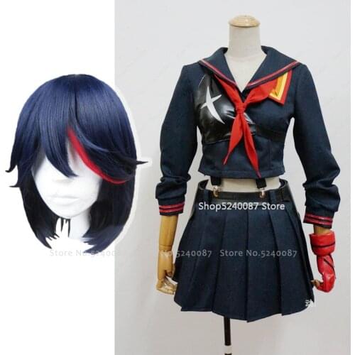 Japanese Anime KILL La KILL Matoi Ryuko Wig Short Hair Cosplay Costume T-shirt Skirt Gloves Belt School Uniform Navy Sailor Suit