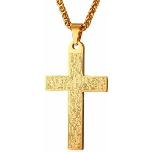 Cross Necklaces & Pendents Stainless Steel Yellow Gold Color English Bible Necklace Women Men Christian Jewelry Wholesale P009
