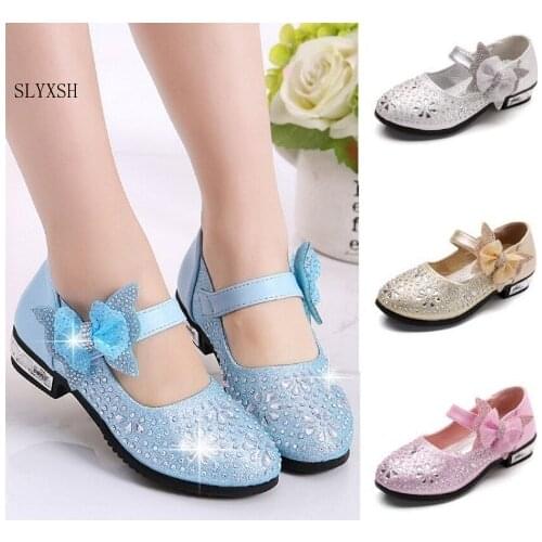 SLYXSH hot 2020 Children Princess Leather Shoes Girls Rhinestone Butterfly Knot High Heels Dress Party Shoes Girls dance shoes
