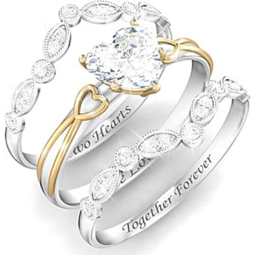 Milangirl 3pcs/Set Female Simple Silver Color Crystal Peach Heart Round White Zircon Ring Set Fashion Ladies Wedding Jewelry