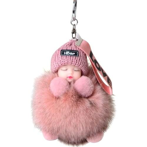 Fashion Colorful Sleeping Baby Doll Hanging Piece Hair Ball Pendant Cute Fluffy Pompom Chain Cotton Wool Holder Bag Ball Toy