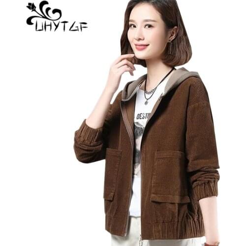 UHYTGF Fashion corduroy spring autumn jacket hooded casual short top elegant mother thin coat loose 3XL plus size outerwear 1044