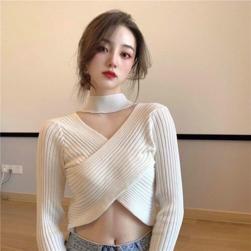 Fashion Spring And Autumn Womens Slim Top Casual Sexy Cross Short Knitted Sweater Top 2021 New Simple Pure Color Wild Sweater