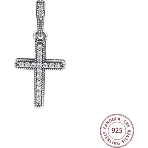 Genuine 925 Sterling Silver Clear CZ Classic Cross Pendant Dangle Beads Charms for Jewelry Making Fits Original Pandora Bracelet