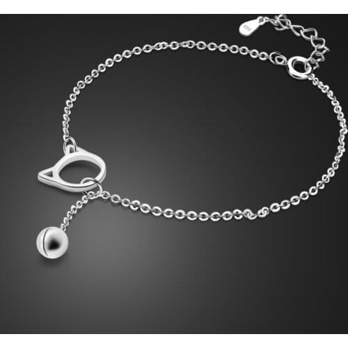 Wholesale 100% 925 Sterling Silver Cute Sweet Kitten Bell Anklets Woman & Girl Simple Beach Foot chain Jewelry Gift