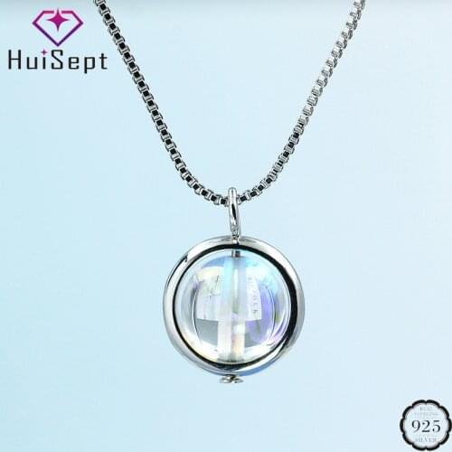 HuiSept Silver 925 Necklace Round Shape Moonstone Pendant Trendy Jewelry Ornament Gift for Women Wedding Promise Party Wholesale