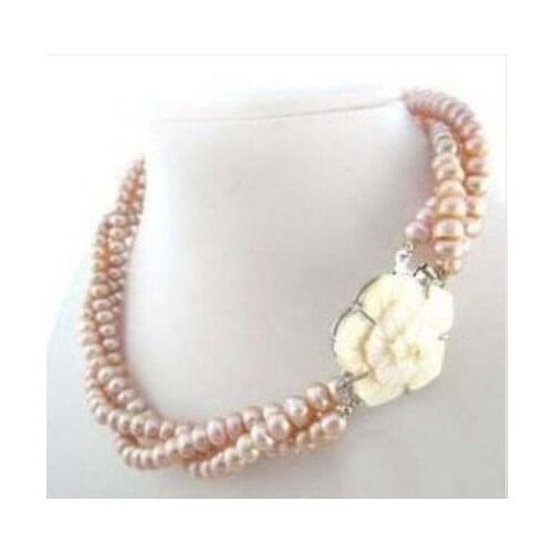 3 Rows Wite Black Button Pearl Flower Clasp Necklace