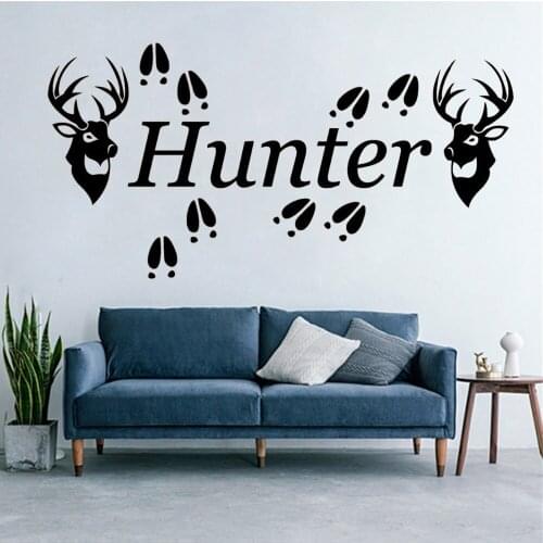 Personalized Name Wall Decals 2 Deer Heads & Tracks Running Deer Vinyl Animal Stickers Hunting Bedroom Decor Poster DW20287