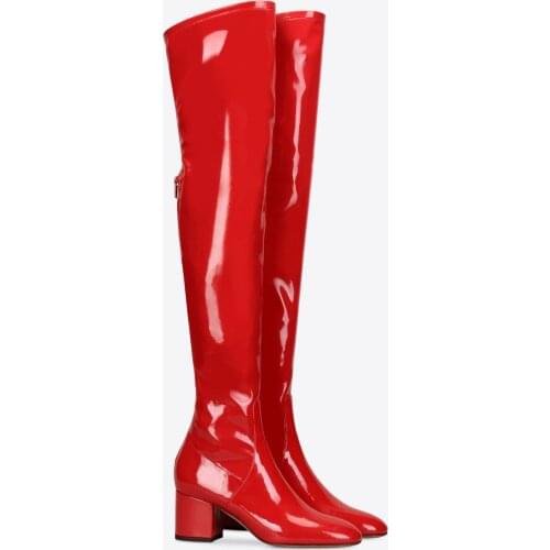Women Over The Knee Flat Boots Winter Shoes Pointed Toe Sexy Patent Leather Low Heel Women Boots Big Size 34-45