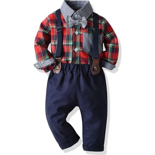 Tem doger autumn and winter boy clothing suits plaid shirt + jumpsuits 2 pcs casual boy outfits gentleman