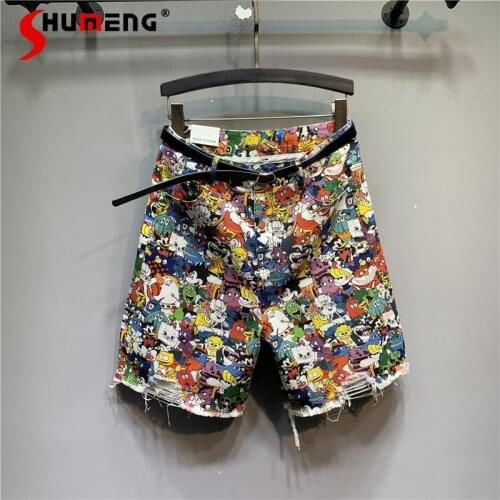 2021 Summer Korean Style New Cartoon Printed Ladies Denim Shorts Fashion Loose High Waist Ripped Floral Wide Leg Jeans Pants