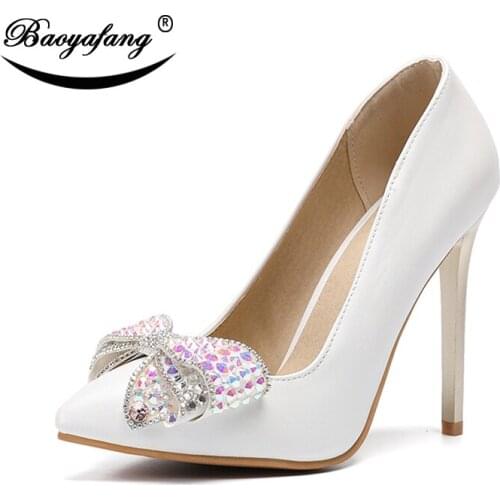 BaoYaFang 2019 New arrive Pointed Toe Ladies Wedding shoes Bride fashion Party Heels Pumps Woman Metal Thin Heel fashion shoes