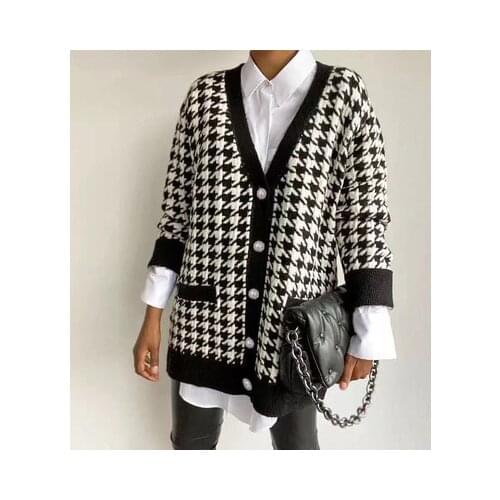 2021 Casual V Neck Women Button Black Houndstooth Cardigan Lady Long Sleeve Sweater Autumn Winter Knitted Loose Oversized Jumper