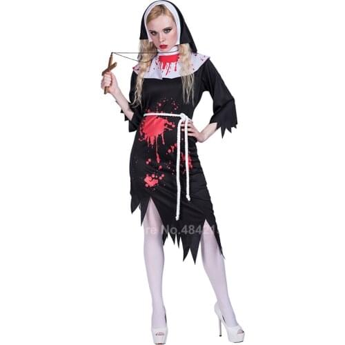 Scary Missionary Nun Cosplay Women Vampire Ghost Witch Dress Halloween Carnival Purim Bloody Devil Role Play Party Clothing Set