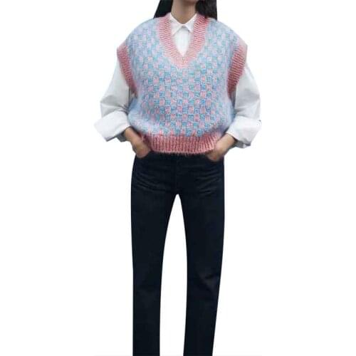MXTIN 2021 Womens Fashion Soft Plaid Knitted Vest Sweater Vintage V Neck Sleeveless Female Waistcoat Jumper Jerseys Mujer