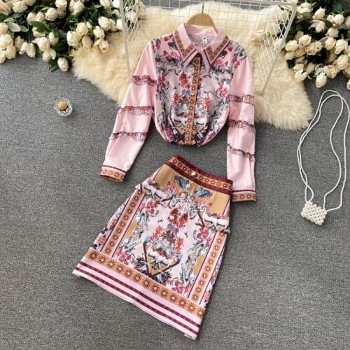 Amolapha Women Vintage Plus Size Clothing Sets Turn-down Collar Single Breasted Printed Shirts+A-Line Skirt Female Office Suits