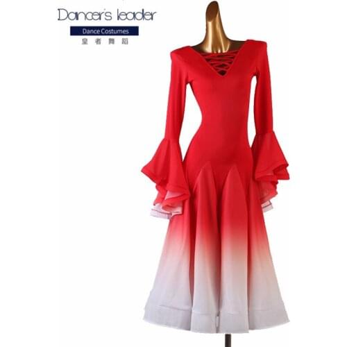 Ballroom Dress Long Sleeve Gradient Color Waltz Dance Long Dress Female Adult Custom Competition Performance Practice Clothes