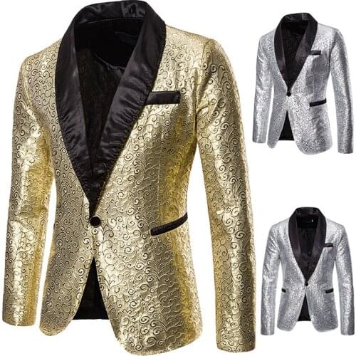 Men Fashion Shiny Gold Embellished Blazer Jacket Men Nightclub Prom Slim Fit Blazer Costume Stage Clothes