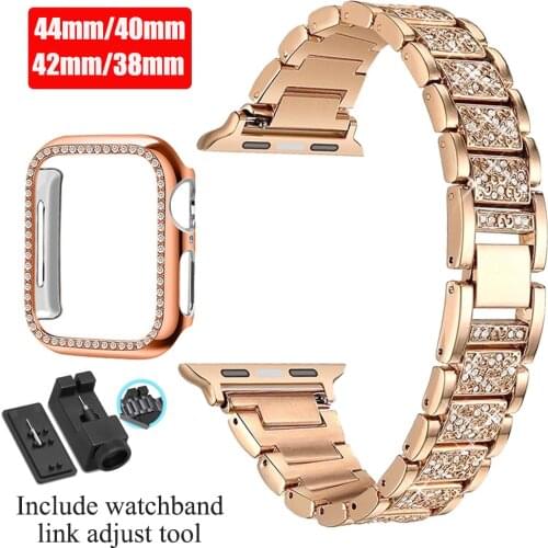 Diamond Case + Band for Apple Watch 6 5 4 3 2 1 Band 44mm 40mm 42mm 38mm Stainless Steel Lady Women Bracelet for iWatch Belt