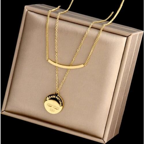 FIREBROS Gold Color Stainless Steel Engraved Round Tag Bar Paired Pendant Layered Chain Necklace Choker Women Exquisite Jewelry