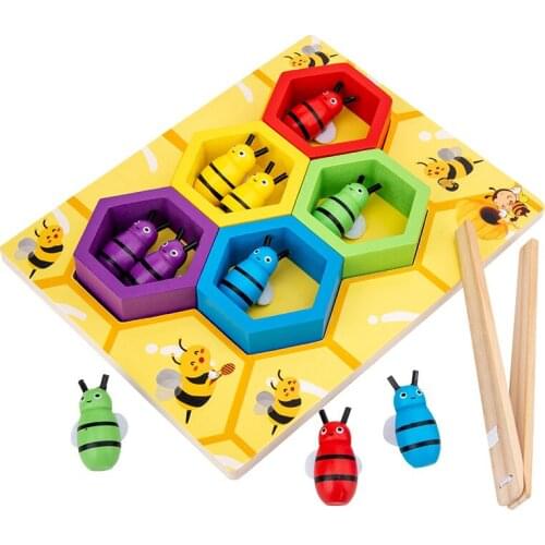 Wooden Leaning Educatinal Toys Children Montessori Early Education Beehive Game Childhood Color Cognitive Clip Small Bee Toy