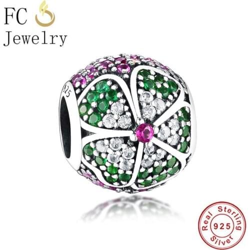 FC Jewelry Fit Original Charms Bracelet 100% 925 Silver Heart Leaf Flower Pave Green Zirconia Pendant Bead For Making Berloque