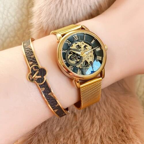 Forsining Fashion Womens Luxury Golden Mechanical Watch Roman Numerals Transparent Skeleton Watches Stainless Steel Clock