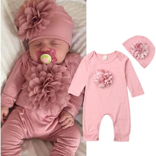 Cute Princess Newborn Baby Girls Autumn Winter Romper Clothes 3D Flower Long Sleeve Cotton Toddler Baby Jumpsuit Hat 2Pcs Outfit