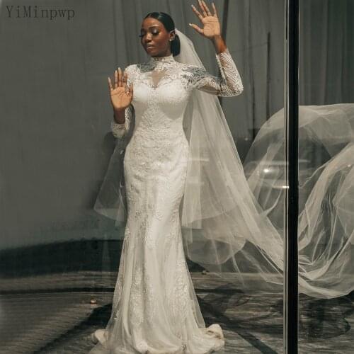 YiMinpwp Lace Mermaid Wedding Dresses High Neck Long Sleeve Sweep Train Elegant Bride Dress vestidos de novia Chapel Bridal Gown