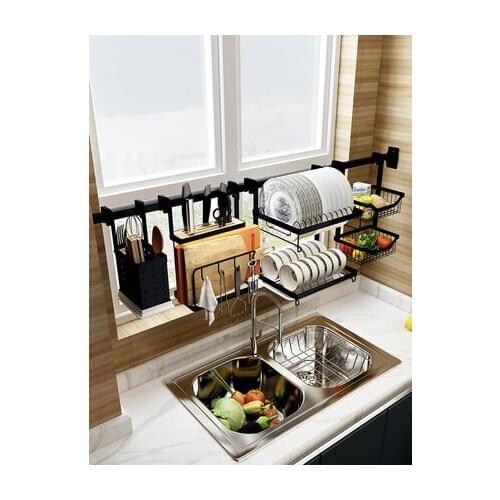 Stainless Steel Kitchen Rack Wall Mount Black Sink Rack Free Hole Knife Rack Drain Dish Rack Seasoning Storage