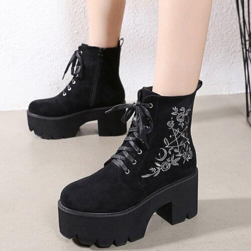 Fashion Flower Platform Boots Chunky Punk Suede Leather Womens Gothic Shoes Nightclub Lace Up Back Zipper High Quality